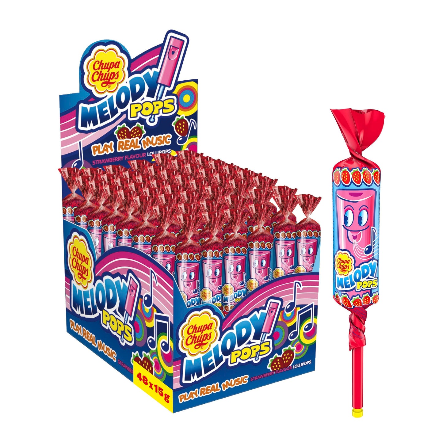 CHUPA CHUPS STRAWBERRY MELODY POPS 48 PCS/0.53 OZ (15GR)
