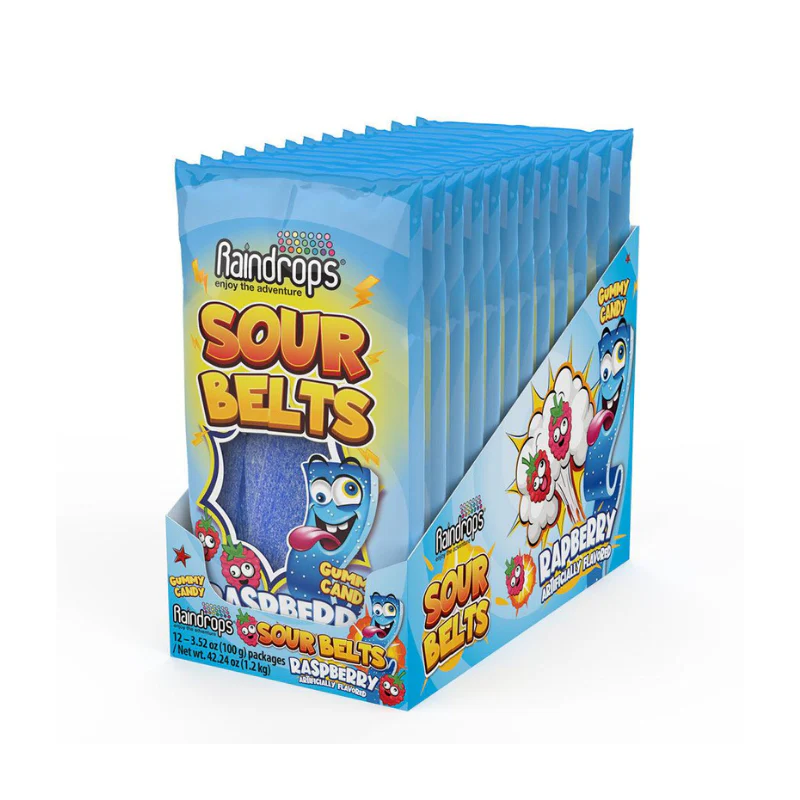 RAINDROPS SOUR BELTS RASPBERRY 12PCS/3.52OZ (100GR)